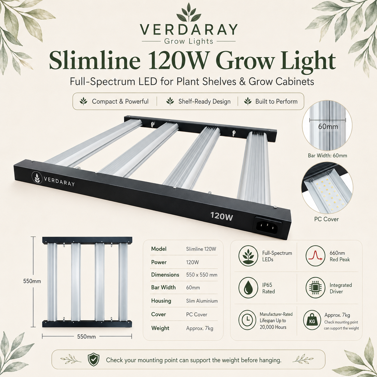 120W LED Grow Light Bar for Indoor Plants & Plant Shelves