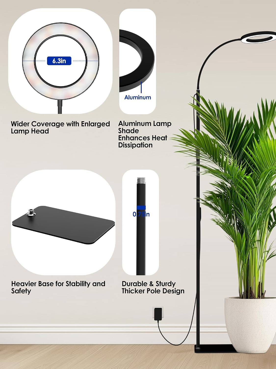 GLOWRIUM Grow Lights for Indoor Plants, 20W Full Spectrum LED Grow Light with Adjustable Height and Angle Stand, Light Timer, Black
