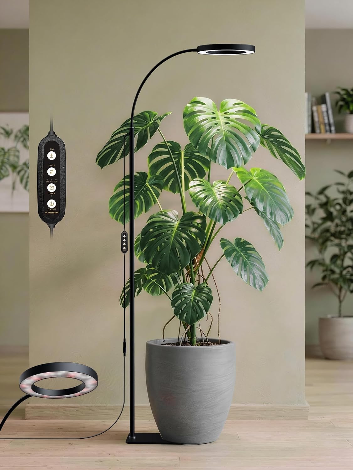 GLOWRIUM Grow Lights for Indoor Plants, 20W Full Spectrum LED Grow Light with Adjustable Height and Angle Stand, Light Timer, Black