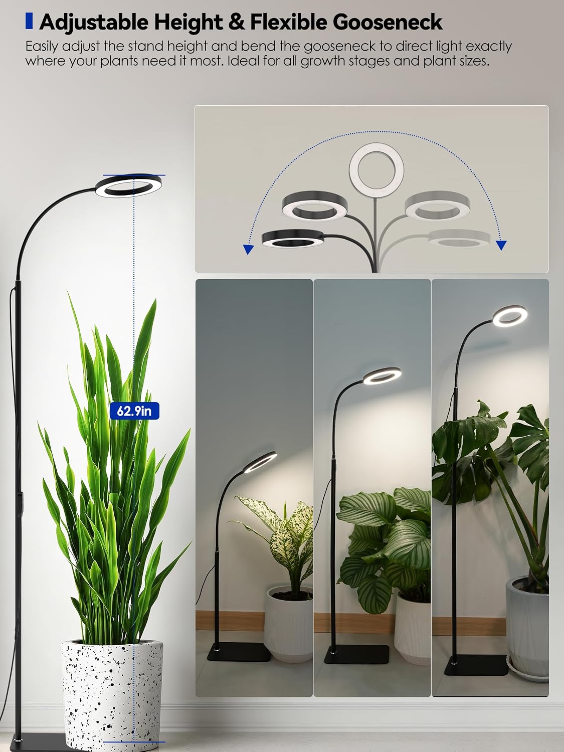 GLOWRIUM Grow Lights for Indoor Plants, 20W Full Spectrum LED Grow Light with Adjustable Height and Angle Stand, Light Timer, Black