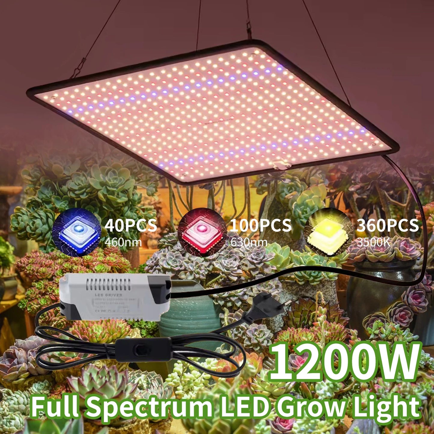 Lampe de culture LED à spectre complet 1200W, 500 LED SMD2835, dimmable, pour couverture 3x3, croissance et floraison