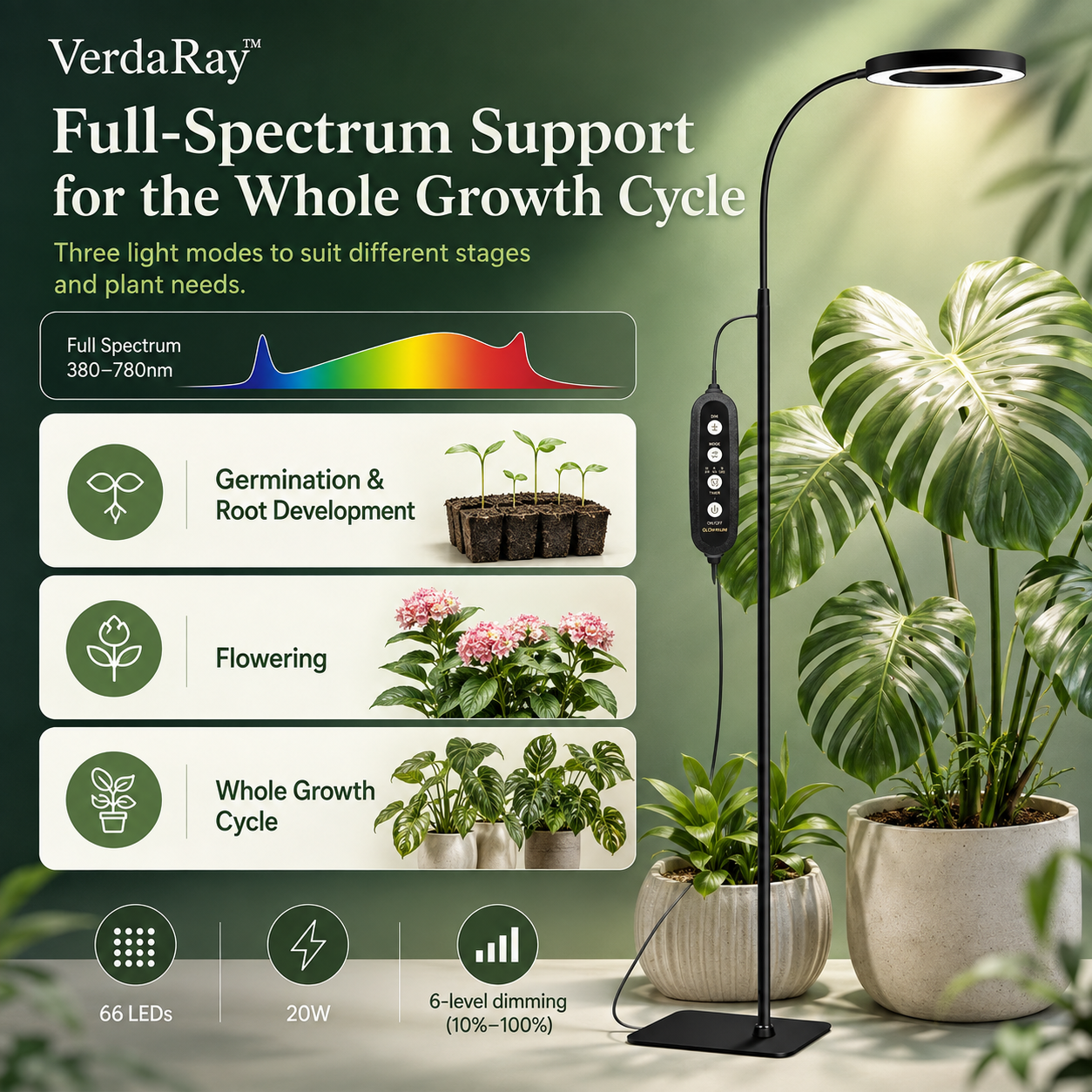 Adjustable Grow Light Stand for Indoor Plants – Full Spectrum LED with Timer