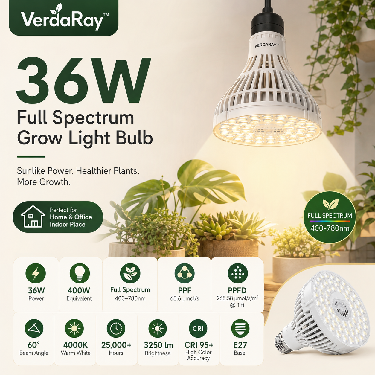 36W E27 Full Spectrum Grow Light Bulb for Indoor Plants